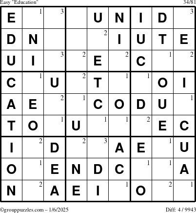 The grouppuzzles.com Easy Education-c1 puzzle for Monday January 6, 2025 with the first 3 steps marked