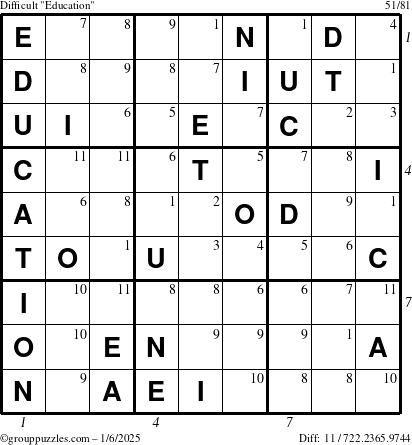 The grouppuzzles.com Difficult Education-c1 puzzle for Monday January 6, 2025 with all 11 steps marked