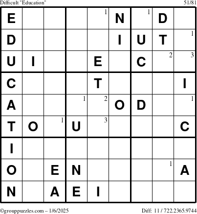 The grouppuzzles.com Difficult Education-c1 puzzle for Monday January 6, 2025 with the first 3 steps marked