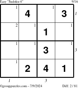 The grouppuzzles.com Easy Sudoku-4 puzzle for Tuesday July 9, 2024 with all 2 steps marked