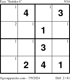 The grouppuzzles.com Easy Sudoku-4 puzzle for Tuesday July 9, 2024 with the first 2 steps marked