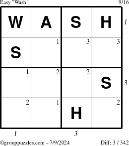 The grouppuzzles.com Easy Wash puzzle for Tuesday July 9, 2024 with all 3 steps marked