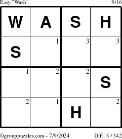 The grouppuzzles.com Easy Wash puzzle for Tuesday July 9, 2024 with the first 3 steps marked