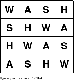 The grouppuzzles.com Answer grid for the Wash puzzle for Tuesday July 9, 2024