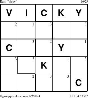 The grouppuzzles.com Easy Vicky puzzle for Tuesday July 9, 2024 with the first 3 steps marked