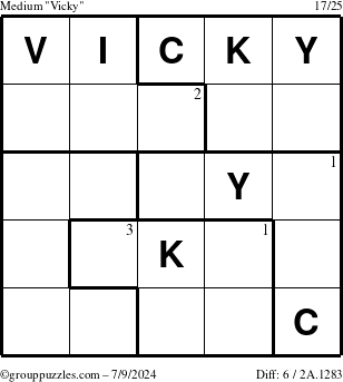 The grouppuzzles.com Medium Vicky puzzle for Tuesday July 9, 2024 with the first 3 steps marked