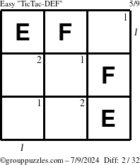 The grouppuzzles.com Easy TicTac-DEF puzzle for Tuesday July 9, 2024, suitable for printing, with all 2 steps marked