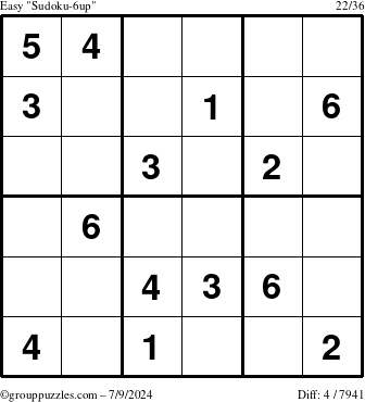 The grouppuzzles.com Easy Sudoku-6up puzzle for Tuesday July 9, 2024