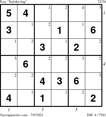 The grouppuzzles.com Easy Sudoku-6up puzzle for Tuesday July 9, 2024 with all 4 steps marked