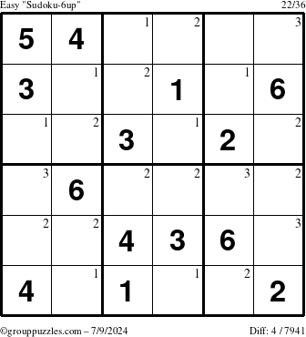 The grouppuzzles.com Easy Sudoku-6up puzzle for Tuesday July 9, 2024 with the first 3 steps marked