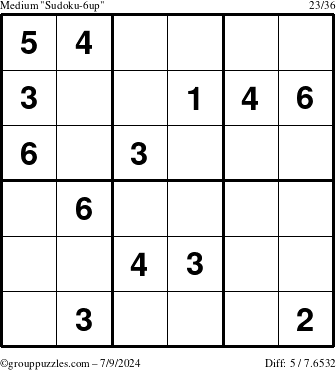 The grouppuzzles.com Medium Sudoku-6up puzzle for Tuesday July 9, 2024