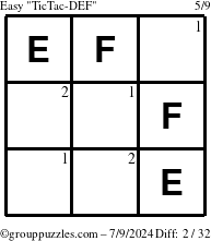 The grouppuzzles.com Easy TicTac-DEF puzzle for Tuesday July 9, 2024 with the first 2 steps marked