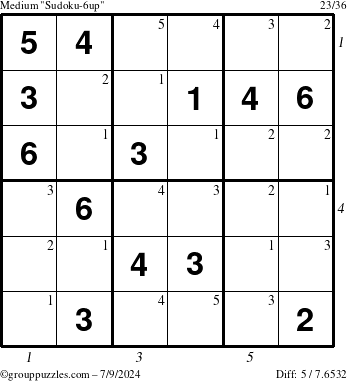 The grouppuzzles.com Medium Sudoku-6up puzzle for Tuesday July 9, 2024, suitable for printing, with all 5 steps marked