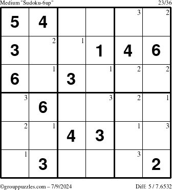 The grouppuzzles.com Medium Sudoku-6up puzzle for Tuesday July 9, 2024 with the first 3 steps marked