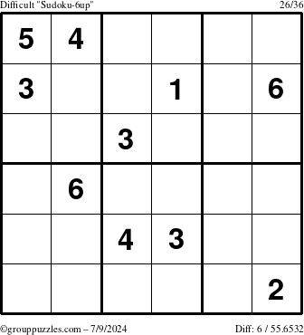 The grouppuzzles.com Difficult Sudoku-6up puzzle for Tuesday July 9, 2024