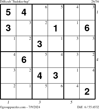 The grouppuzzles.com Difficult Sudoku-6up puzzle for Tuesday July 9, 2024 with all 6 steps marked