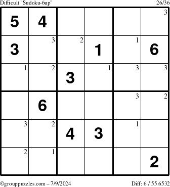 The grouppuzzles.com Difficult Sudoku-6up puzzle for Tuesday July 9, 2024 with the first 3 steps marked