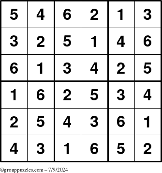 The grouppuzzles.com Answer grid for the Sudoku-6up puzzle for Tuesday July 9, 2024