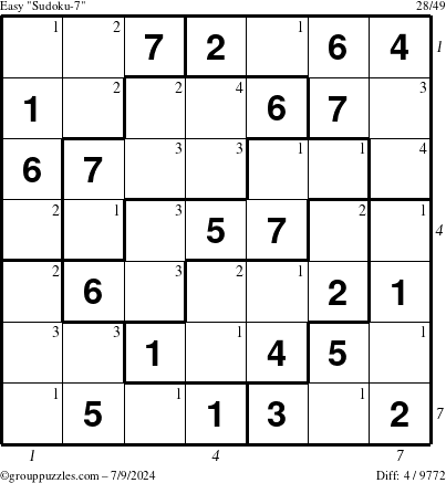 The grouppuzzles.com Easy Sudoku-7 puzzle for Tuesday July 9, 2024 with all 4 steps marked