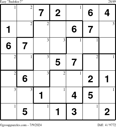 The grouppuzzles.com Easy Sudoku-7 puzzle for Tuesday July 9, 2024 with the first 3 steps marked