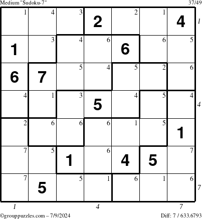 The grouppuzzles.com Medium Sudoku-7 puzzle for Tuesday July 9, 2024 with all 7 steps marked