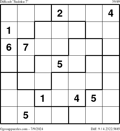 The grouppuzzles.com Difficult Sudoku-7 puzzle for Tuesday July 9, 2024