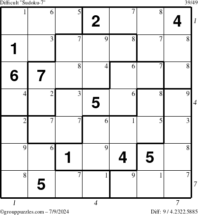 The grouppuzzles.com Difficult Sudoku-7 puzzle for Tuesday July 9, 2024 with all 9 steps marked