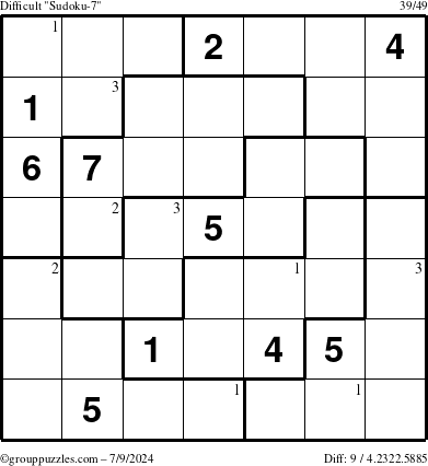 The grouppuzzles.com Difficult Sudoku-7 puzzle for Tuesday July 9, 2024 with the first 3 steps marked