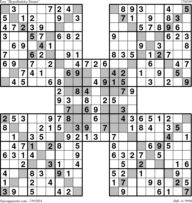 The grouppuzzles.com Easy HyperSudoku-Xtreme puzzle for Tuesday July 9, 2024