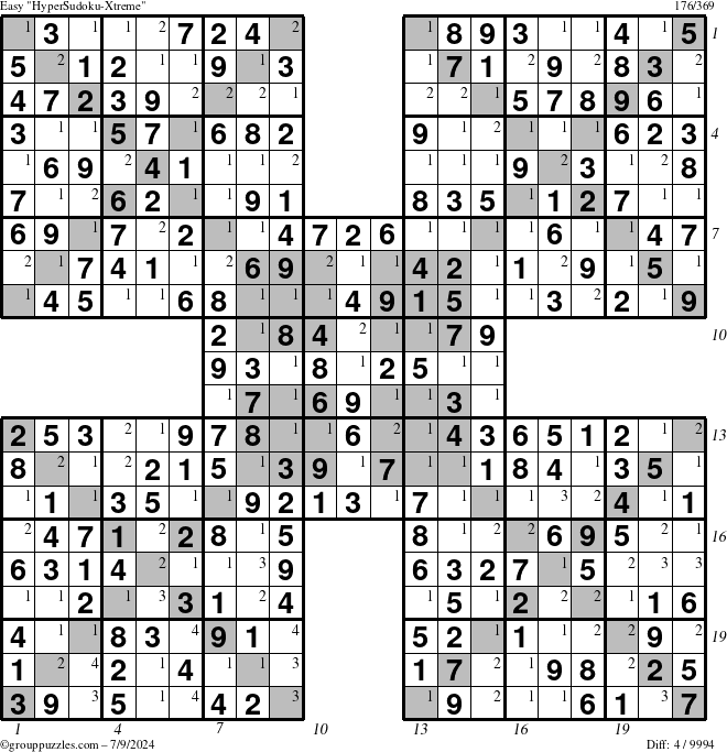 The grouppuzzles.com Easy HyperSudoku-Xtreme puzzle for Tuesday July 9, 2024 with all 4 steps marked