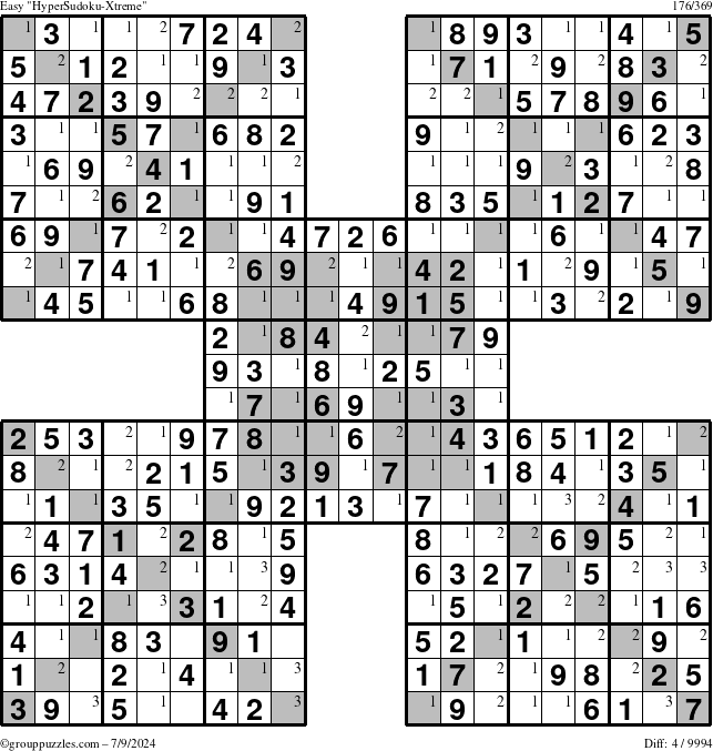 The grouppuzzles.com Easy HyperSudoku-Xtreme puzzle for Tuesday July 9, 2024 with the first 3 steps marked