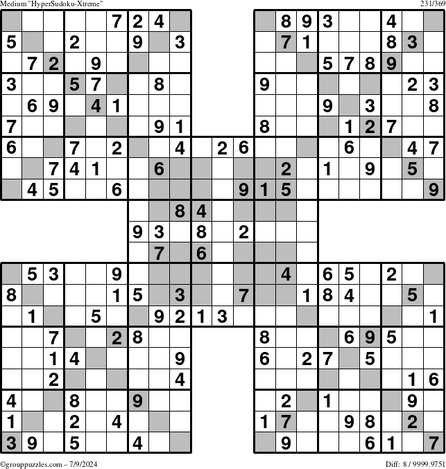 The grouppuzzles.com Medium HyperSudoku-Xtreme puzzle for Tuesday July 9, 2024