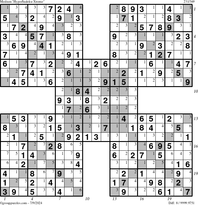 The grouppuzzles.com Medium HyperSudoku-Xtreme puzzle for Tuesday July 9, 2024 with all 8 steps marked