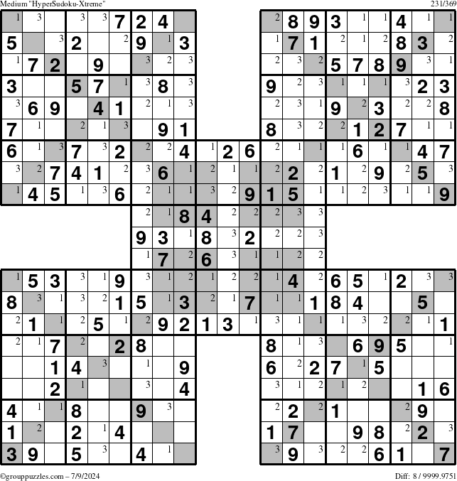 The grouppuzzles.com Medium HyperSudoku-Xtreme puzzle for Tuesday July 9, 2024 with the first 3 steps marked