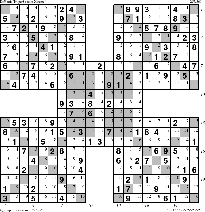 The grouppuzzles.com Difficult HyperSudoku-Xtreme puzzle for Tuesday July 9, 2024 with all 12 steps marked