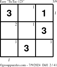 The grouppuzzles.com Easy TicTac-123 puzzle for Tuesday July 9, 2024 with all 2 steps marked