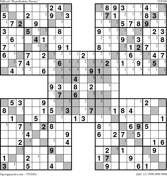 The grouppuzzles.com Difficult HyperSudoku-Xtreme puzzle for Tuesday July 9, 2024 with the first 3 steps marked