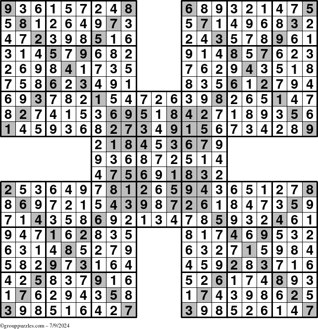 The grouppuzzles.com Answer grid for the HyperSudoku-Xtreme puzzle for Tuesday July 9, 2024