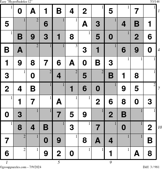 The grouppuzzles.com Easy HyperSudoku-12 puzzle for Tuesday July 9, 2024 with all 3 steps marked