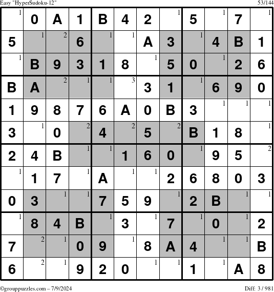 The grouppuzzles.com Easy HyperSudoku-12 puzzle for Tuesday July 9, 2024 with the first 3 steps marked