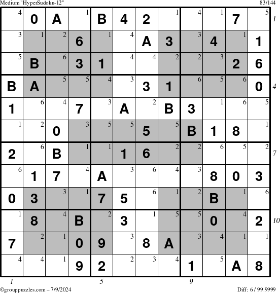 The grouppuzzles.com Medium HyperSudoku-12 puzzle for Tuesday July 9, 2024 with all 6 steps marked