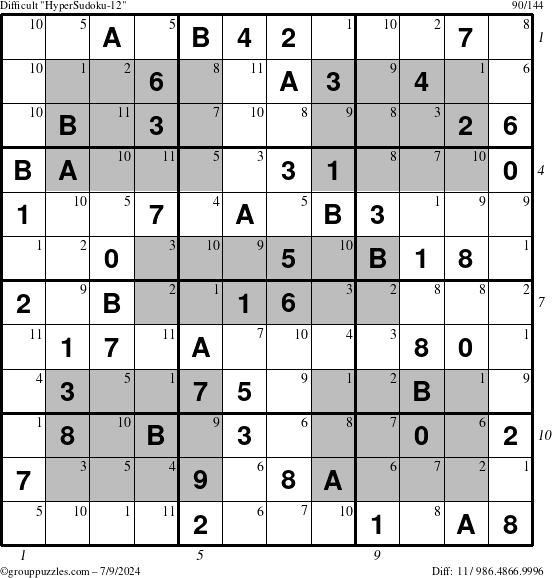 The grouppuzzles.com Difficult HyperSudoku-12 puzzle for Tuesday July 9, 2024 with all 11 steps marked