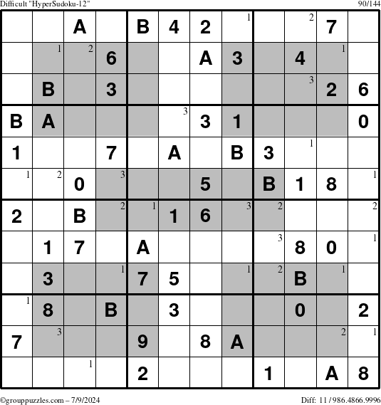 The grouppuzzles.com Difficult HyperSudoku-12 puzzle for Tuesday July 9, 2024 with the first 3 steps marked