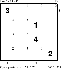 The grouppuzzles.com Easy Sudoku-4 puzzle for Thursday December 11, 2025, suitable for printing, with all 3 steps marked