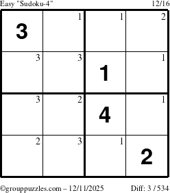 The grouppuzzles.com Easy Sudoku-4 puzzle for Thursday December 11, 2025 with the first 3 steps marked