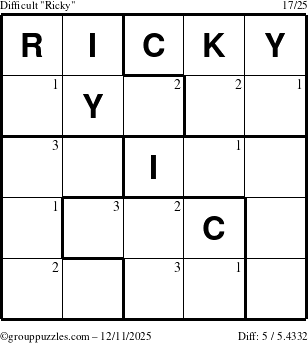 The grouppuzzles.com Difficult Ricky puzzle for Thursday December 11, 2025 with the first 3 steps marked