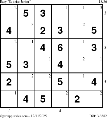 The grouppuzzles.com Easy Sudoku-Junior puzzle for Thursday December 11, 2025 with all 3 steps marked