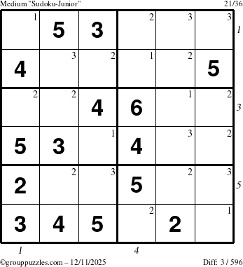 The grouppuzzles.com Medium Sudoku-Junior puzzle for Thursday December 11, 2025, suitable for printing, with all 3 steps marked