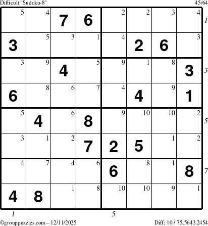 The grouppuzzles.com Difficult Sudoku-8 puzzle for Thursday December 11, 2025, suitable for printing, with all 10 steps marked