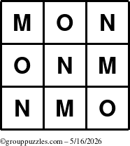 The grouppuzzles.com Answer grid for the TicTac-MNO puzzle for Saturday May 16, 2026